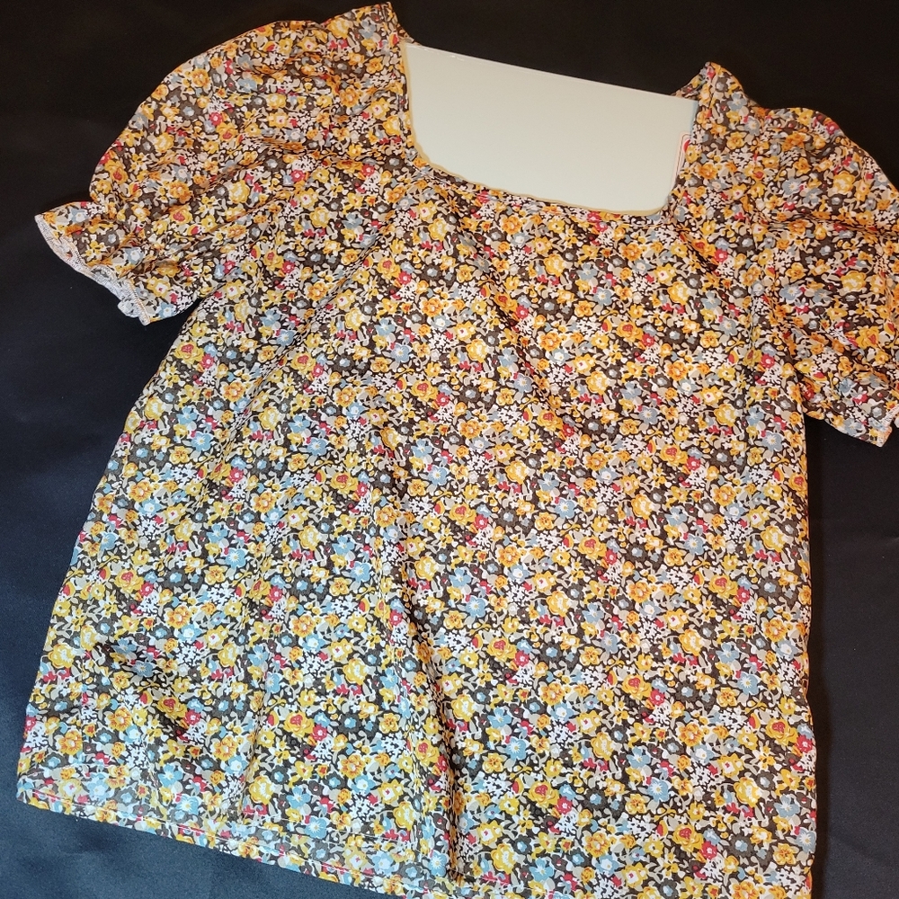 Womens Medium Orange Blue Pastel Floral Blouse Retro Vintage Style Ruffle Sleeve